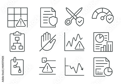 Risk Management Icons. Outline icon set of risk management and mitigation: risk matrix, insurance policy,