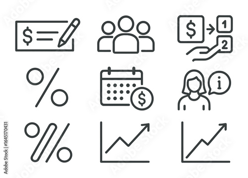 Dividend Icons Grid. Outline icon set of dividend and shareholder returns: dividend cheque, shareholder