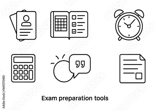 Exam Prep Icons. Outline icon set of exam preparation tools: flashcards, study planner, checklist, alarm clock