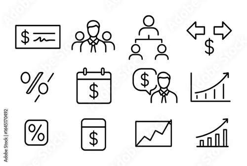 Dividend Icons Grid. Outline icon set of dividend and shareholder returns: dividend cheque, shareholder