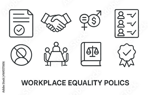 Workplace Equality Icons. Outline icon set of workplace equality policies: policy document, handshake, equal