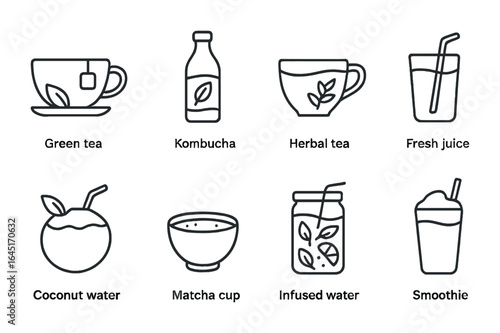 Plant-Based Beverage Icons. Outline icon set of plant-based beverages: green tea, kombucha bottle, herbal tea,