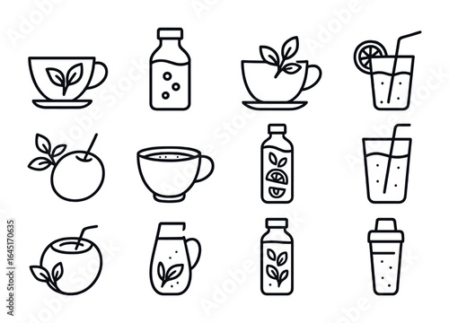Plant-Based Beverage Icons. Outline icon set of plant-based beverages: green tea, kombucha bottle, herbal tea,