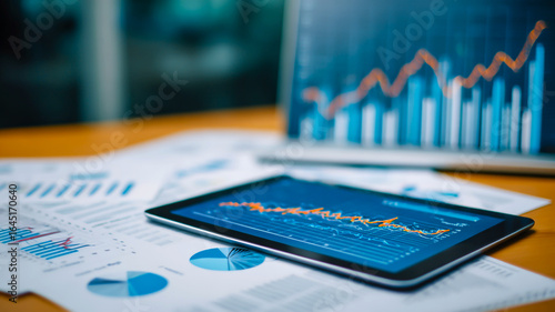 Digital financial graph on tablet displays business growth analysis. Printed quarterly reports alongside. Comparative analysis clear