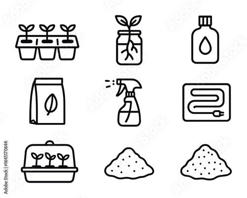Propagation Methods Icons. Outline icon set of propagation methods: seedling tray, cuttings jar, rooting