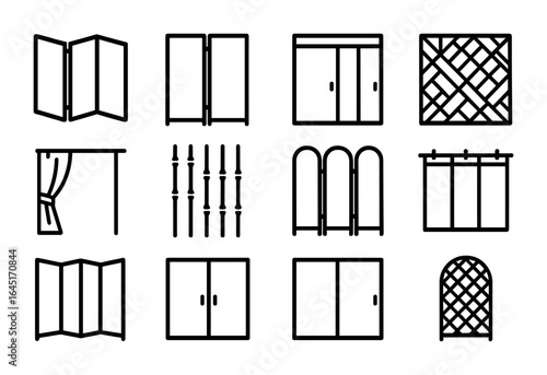 Room Divider Icons. Outline icon set of room divider screen: folding screen, wooden panel, sliding door,