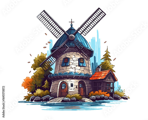Whimsical illustration of a stone windmill with a cozy attached cottage, surrounded by trees and water in a peaceful countryside setting. Charming Cartoon Windmill Cottage by the Water