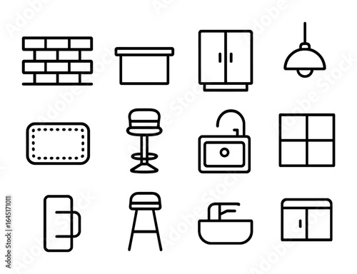 Kitchen Design Icons. Outline icon set of kitchen design elements: backsplash, countertop, cabinetry, lighting
