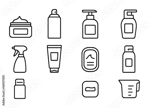 Hair Product Icons. Outline icon set of hair gel and mousse bottles: gel jar, mousse can, pump dispenser, flip