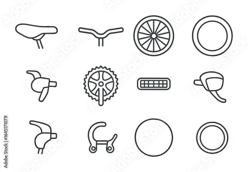 Bicycle Components Icons. Outline icon set of bicycle components: saddle, handlebar, spokes, tire, brake lever