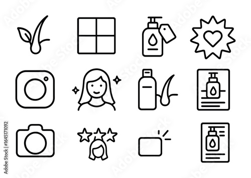Hair Care Icon Set. Outline icon set of hair care branding: logo design, color palette, product tagline,