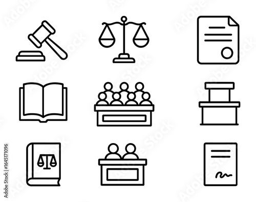 Judiciary Icon Set. Outline icon set of judiciary system: judge gavel, scales of justice, courtroom bench,