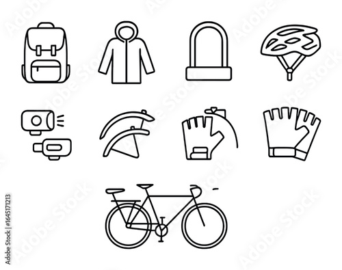 Bike Commuter Essentials. Outline icon set of bike commuter essentials: backpack, raincoat, lock, helmet,