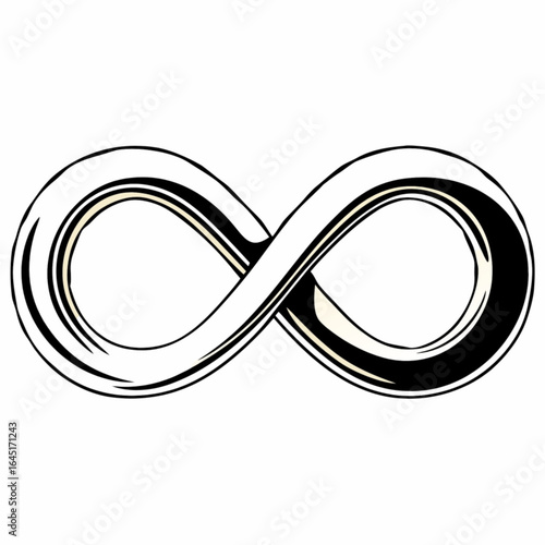 Minimilist illustration of a stylized infinity symbol with black and white coloring on a plain white background space vector