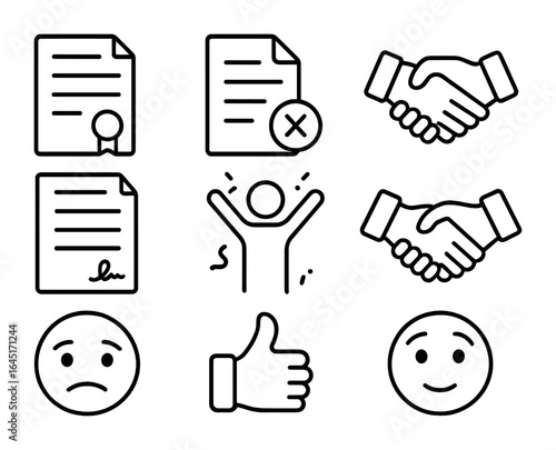 Interview Outcomes Icons. Outline icon set of interview outcomes: offer letter, rejection letter, handshake,