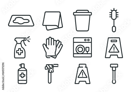 Safety and Cleanup Icons. Outline icon set of safety and cleanup: spill mat, cleaning cloth, trash bin, glass