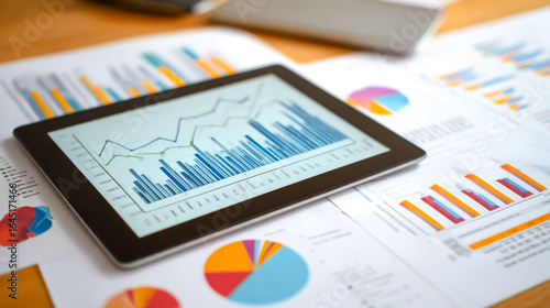 Digital financial graph on tablet displays business growth analysis. Printed quarterly reports alongside. Comparative analysis clear