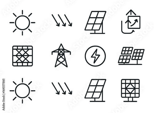 Solar Energy Icons. Outline icon set of solar energy generation: sun icon, rays, photovoltaic effect, energy