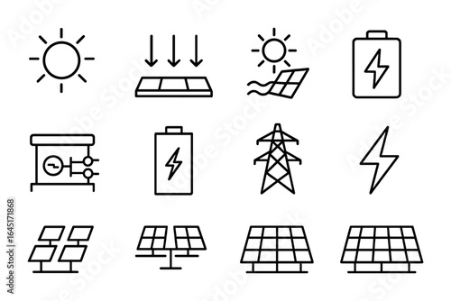 Solar Energy Icons. Outline icon set of solar energy generation: sun icon, rays, photovoltaic effect, energy