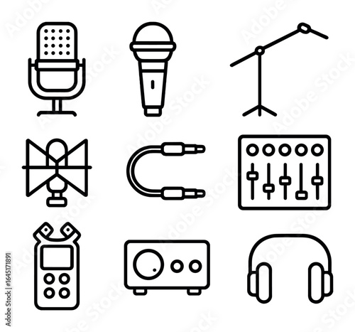 Recording Gear Icons. Outline icon set of recording equipment: condenser mic, dynamic mic, microphone stand,