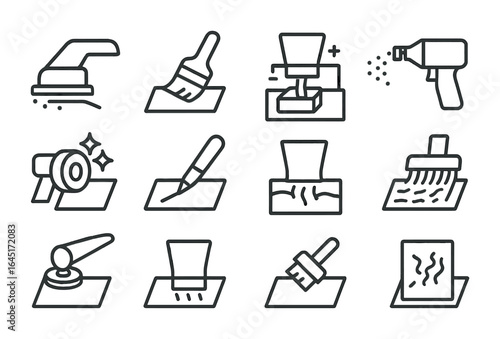 Metal Finishing Icons. Outline icon set of metal finishing techniques: sanding, painting, anodizing, powder