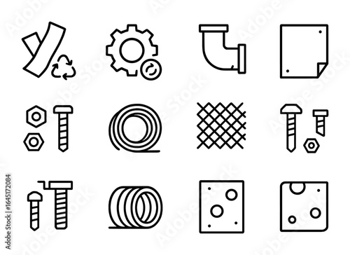 Recycled Materials Icons. Outline icon set of recycled materials: scrap metal, discarded gear, old pipe, metal