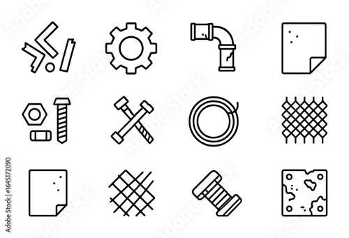 Recycled Materials Icons. Outline icon set of recycled materials: scrap metal, discarded gear, old pipe, metal