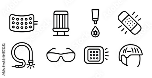 Phototherapy Icon Grid. Outline vector icons of phototherapy and light-responsive materials: LED patch, UV