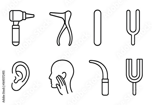 ENT Examination Icons. Outline vector icons of ENT examination: otoscope, nasal speculum, tongue depressor,