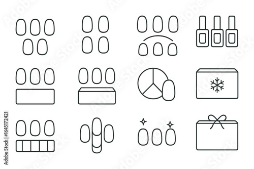 Nail Polish Icons. Outline vector icons of nail color collections: nude tones, pastel set, neon shades, red