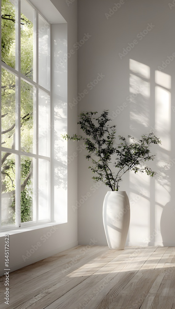 Fototapeta premium Minimalist interior design of an empty room with large windows, wooden floor, and a decorative plant