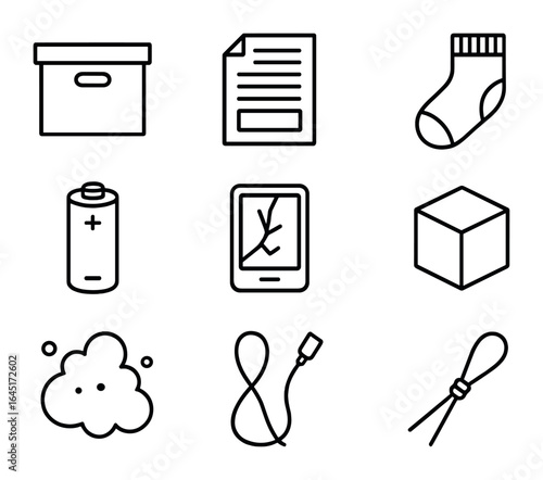 Decluttering Icons Grid. Outline vector icons of decluttering under furniture: storage box, old magazine, lost