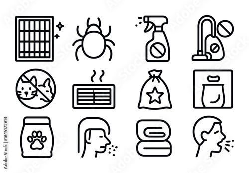 Allergen Control Icons. Outline vector icons of allergen control in home: HEPA filter, dust mite, anti-allergy
