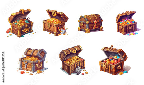 Collection of colorful cartoon-style treasure chests overflowing with gold coins, gems, and jewels on a white background. Cartoon Treasure Chests Filled with Gold and Jewels
