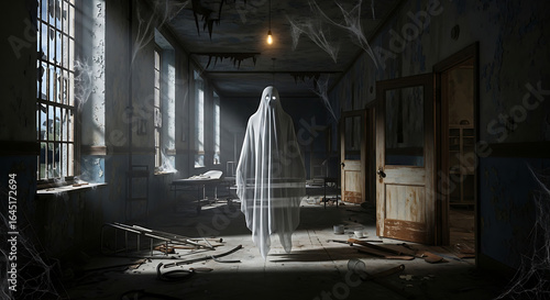 Ghostly figure in abandoned building with cobwebs