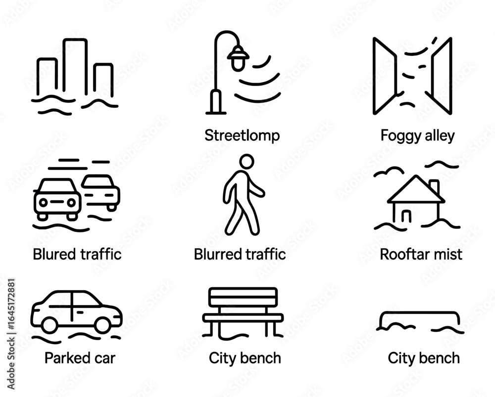 Fototapeta premium Urban Fog Icons. Outline vector icons of urban fog environment: city skyline fade, streetlamp glow, foggy