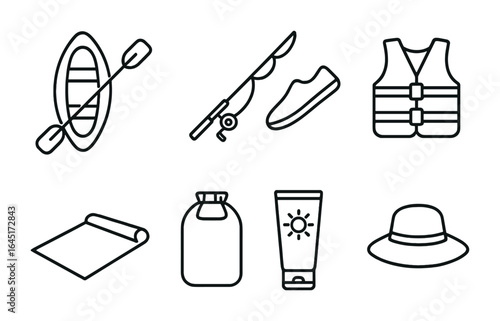Lakeside Camping Icons. Outline vector icons of lakeside camping items: inflatable kayak, fishing rod, swim