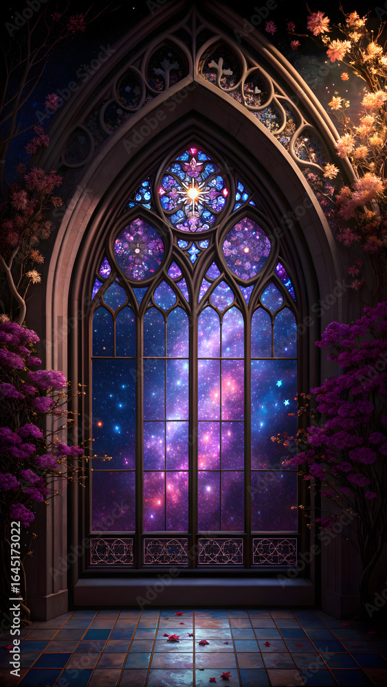 Fototapeta premium Gothic arch window with cosmic night sky view