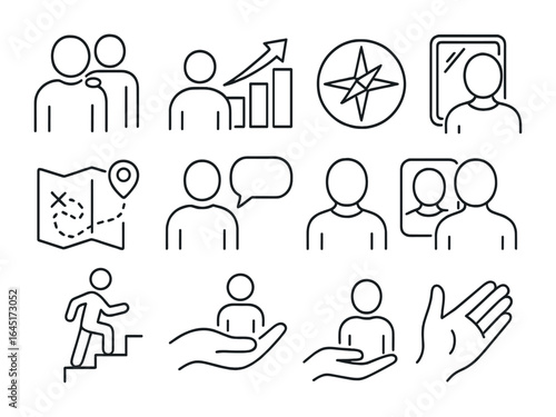 Coaching Icons Grid. Outline vector icons of coaching and personal development: mentor figure, growth chart,