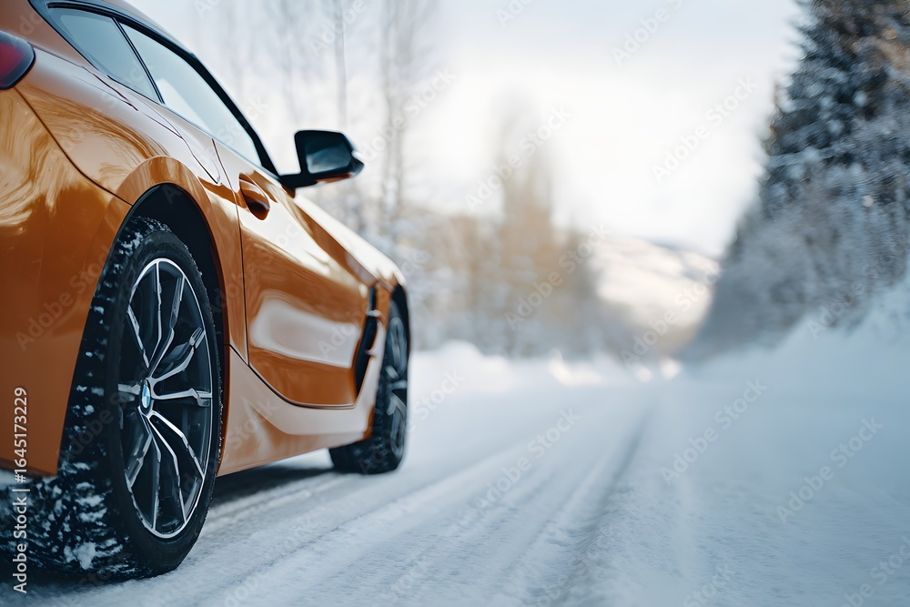 Naklejka premium Close up of an orange car with winter tires driving on a snow covered road
