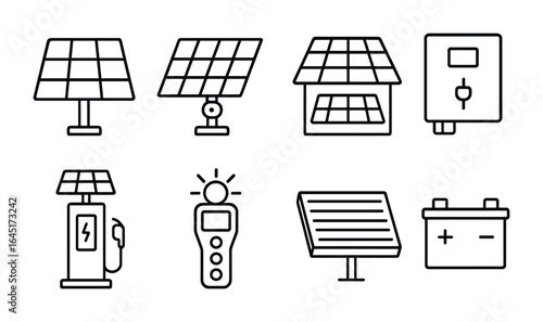 Solar Innovation Icons. Outline vector icons of solar power innovations: photovoltaic panel, solar tracker,