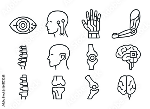 Cybernetic Enhancement Icons. Outline vector icons of cybernetic enhancements: robotic eye, neural implant,