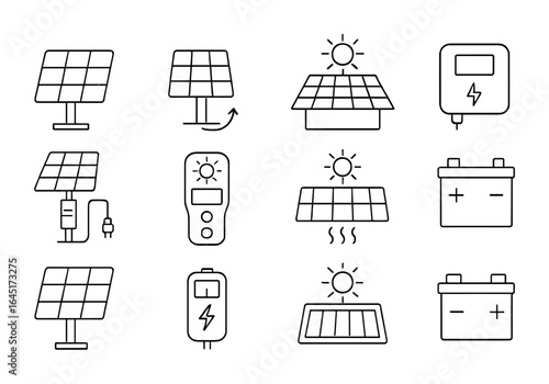 Solar Innovation Icons. Outline vector icons of solar power innovations: photovoltaic panel, solar tracker,