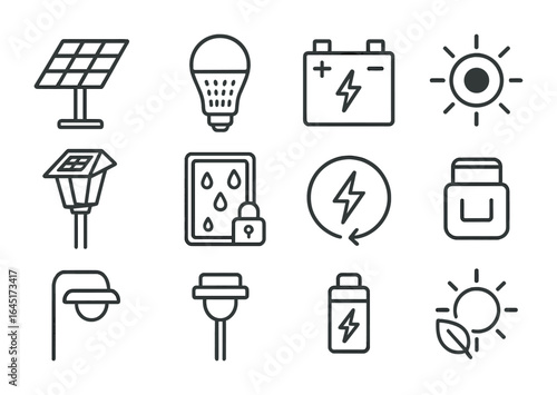 Solar Lighting Icons. Outline vector icons of solar-powered outdoor lighting: solar panel, LED bulb,