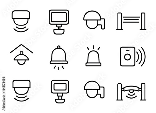 Safety Lighting Icons. Outline vector icons of safety and security lighting: motion detector, floodlight, wall