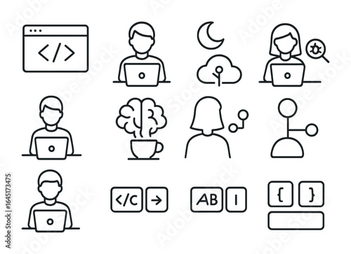 Tech Icons Grid. Outline vector icons of coders and developers at cafes: code editor screen, dark mode icon,