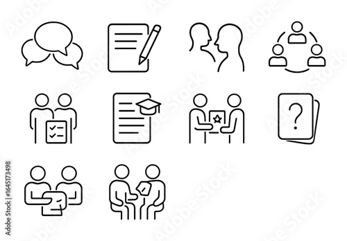 Academic Collaboration Icons. Outline vector icons of academic collaboration in lectures: group chat, shared