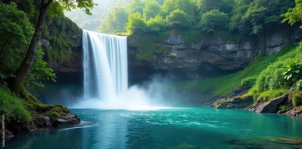 Naklejka premium Serene Waterfall Cascading into Tranquil Waterfront Lush Greenery, Mist, and Perfect Relaxation