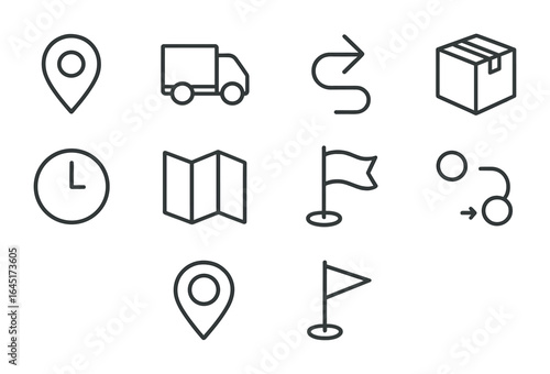 Delivery Icon Grid. Outline vector icons of delivery route planning: stop pin, delivery truck, route arrow,