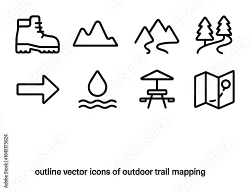 Outdoor Trail Icons. Outline vector icons of outdoor trail mapping: hiking boot, elevation graph, mountain